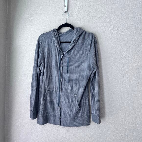 Eileen Fisher Linen Hoodie Striped Button Down Long Sleeve Lightweight - Picture 2 of 7
